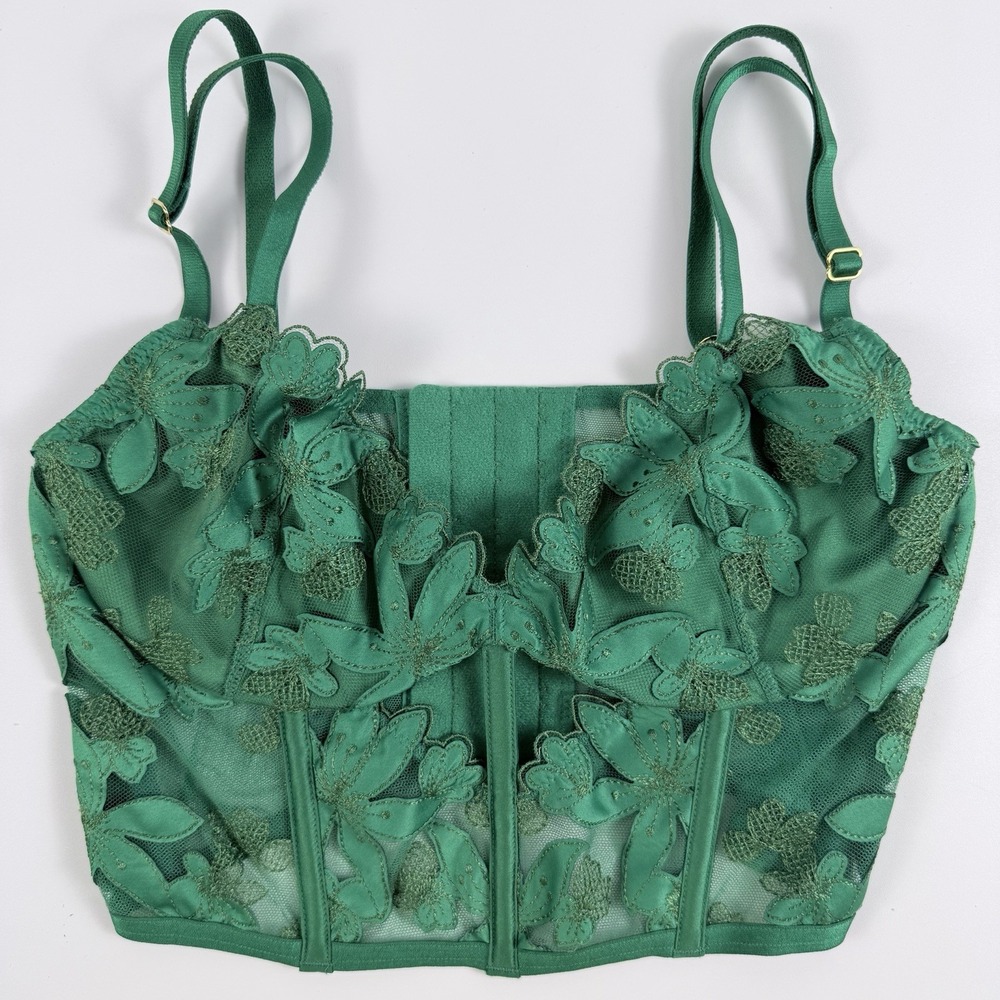 Victorias Secret Emerald Green Floral Applique Mesh Corset Bustier Top S NWT